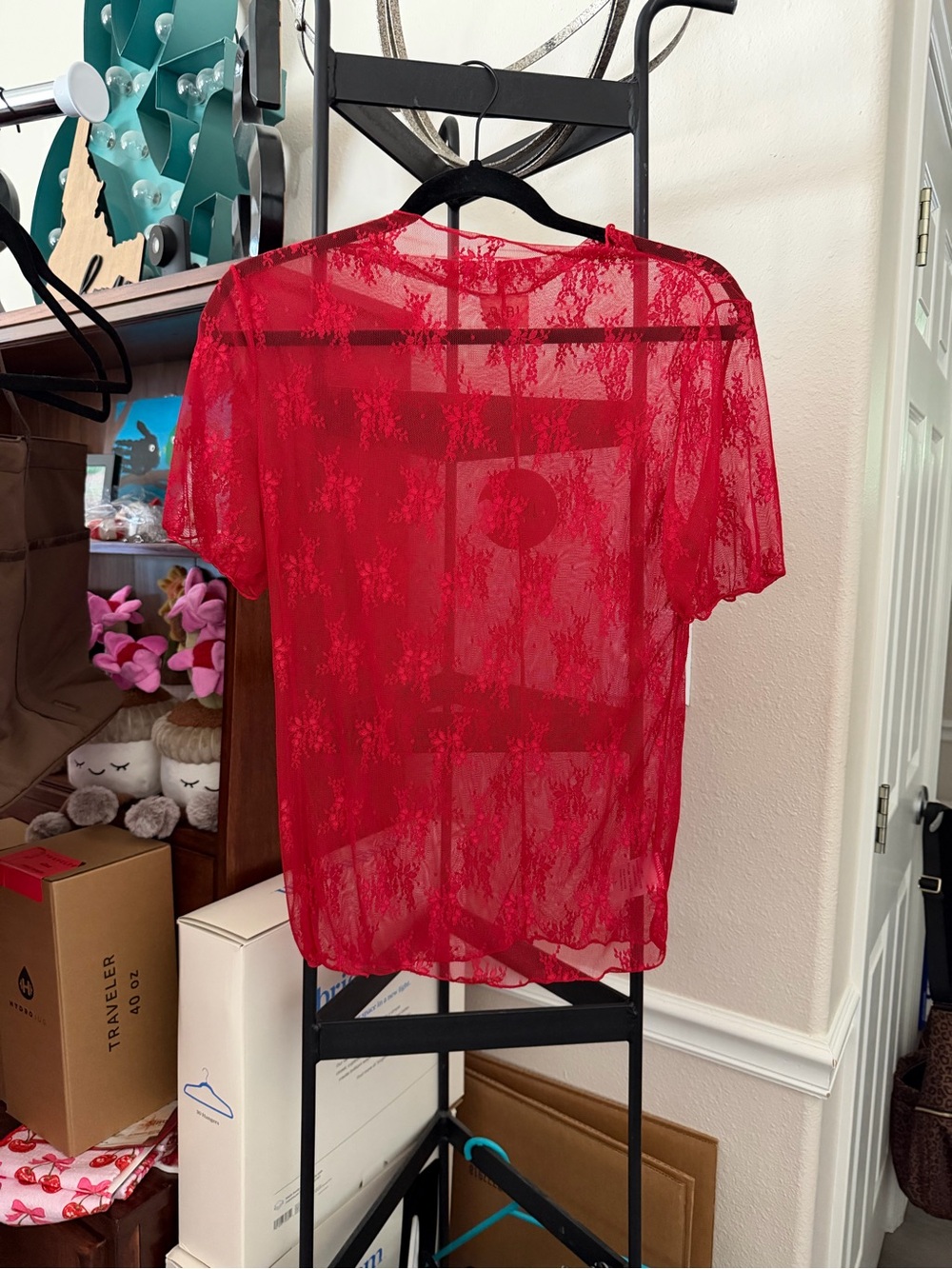 Red Sheer Lace Short Sleeve Top